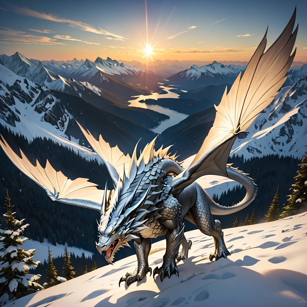 extreme long shot, heroic view, BREAK, A silver dragon with (2 wings) on a cloud shrouded mountain top, ((((wind blown snow in the forground )))), BREAK,  BREAK, mystical creature, realistic, ultra detailed, majestic, masterpiece, dynamic pose, sun rise lighting, snowy mountain top background 