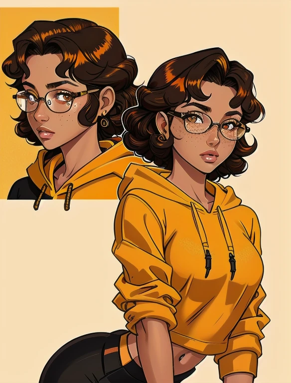 (masterpiece,best quality,absurdres,beautiful,aesthetic,detailed), (Detailed face:1.2), (Detailed eyes:1.2), 1girl, solo, 20 year old college student, ((slim, petite)) , she has tan-bronze skin with some freckles, short curly black hair with orange highlights, amber colored eyes, (Wearing: reading glasses, yellow hoodie, black pencil skirt), college background