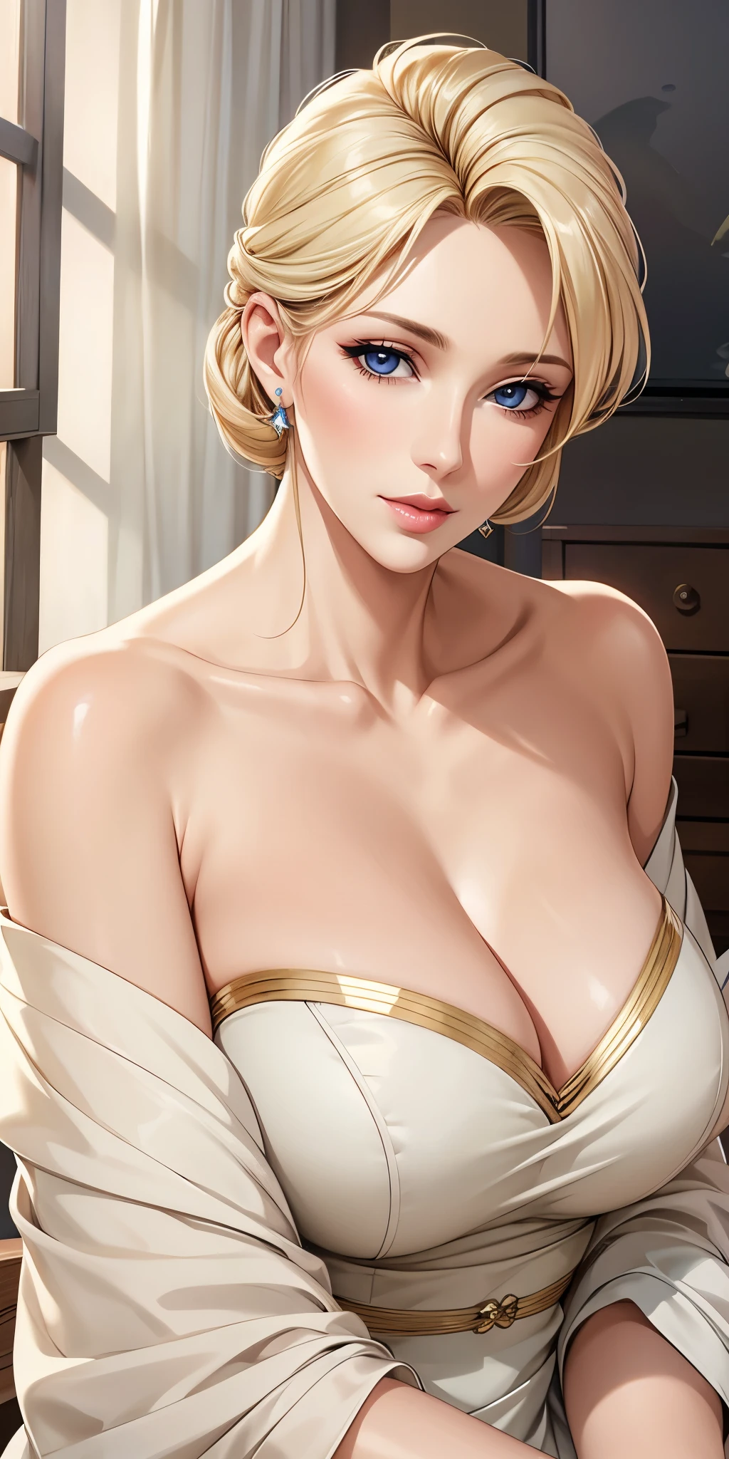 Elegant mature woman, milf, blue eyes, blonde hair, soft light, 4k resolution, high quality, beautiful cg