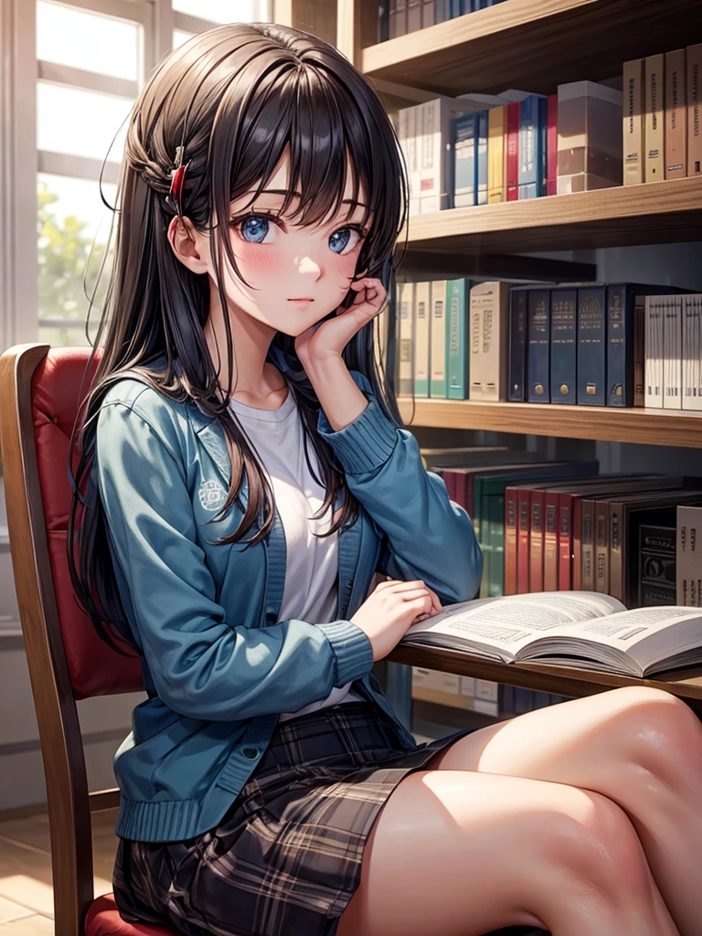 A student who sits on a chair in the library, she&#39;s wearing glasses, blond long hair, Blue eyes, рубашка полурастегнутая сверху от чего видны black bra, chest size 5а, straight waist, бедра большие и tights, pink panties under a black miniskirt, tights, Black miniskirt, Pink panties, black bra, shirt unbuttoned at the top, black bra на груди, chest size 5 , tie, breast size big hips she sits next to you looking at you, very large breasts, very big butt, shirt unbuttoned and breasts visible, and a bra that is pink and on the chest