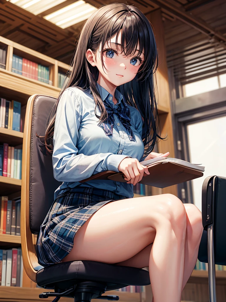 A student who sits on a chair in the library, she&#39;s wearing glasses, blond long hair, Blue eyes, рубашка полурастегнутая сверху от чего видны black bra, chest size 5а, straight waist, бедра большие и tights, pink panties under a black miniskirt, tights, Black miniskirt, Pink panties, black bra, shirt unbuttoned at the top, black bra на груди, chest size 5 , tie, breast size big hips she sits next to you looking at you, very large breasts, very big butt, shirt unbuttoned and breasts visible, and a bra that is pink and on the chest