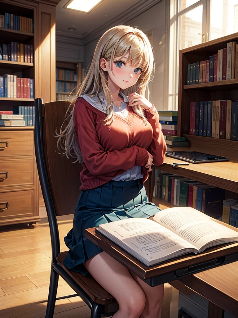 A student who sits on a chair in the library, she's wearing glasses, blond long hair, Blue eyes, рубашка полурастегнутая сверху от чего видны black bra, chest size 5а, straight waist, бедра большие и tights, pink panties under a black miniskirt, tights, Black miniskirt, Pink panties, black bra, shirt unbuttoned at the top, black bra на груди, chest size 5 , tie, breast size big hips she sits next to you looking at you, very large breasts, very big butt, shirt unbuttoned and breasts visible, and a bra that is pink and on the chest