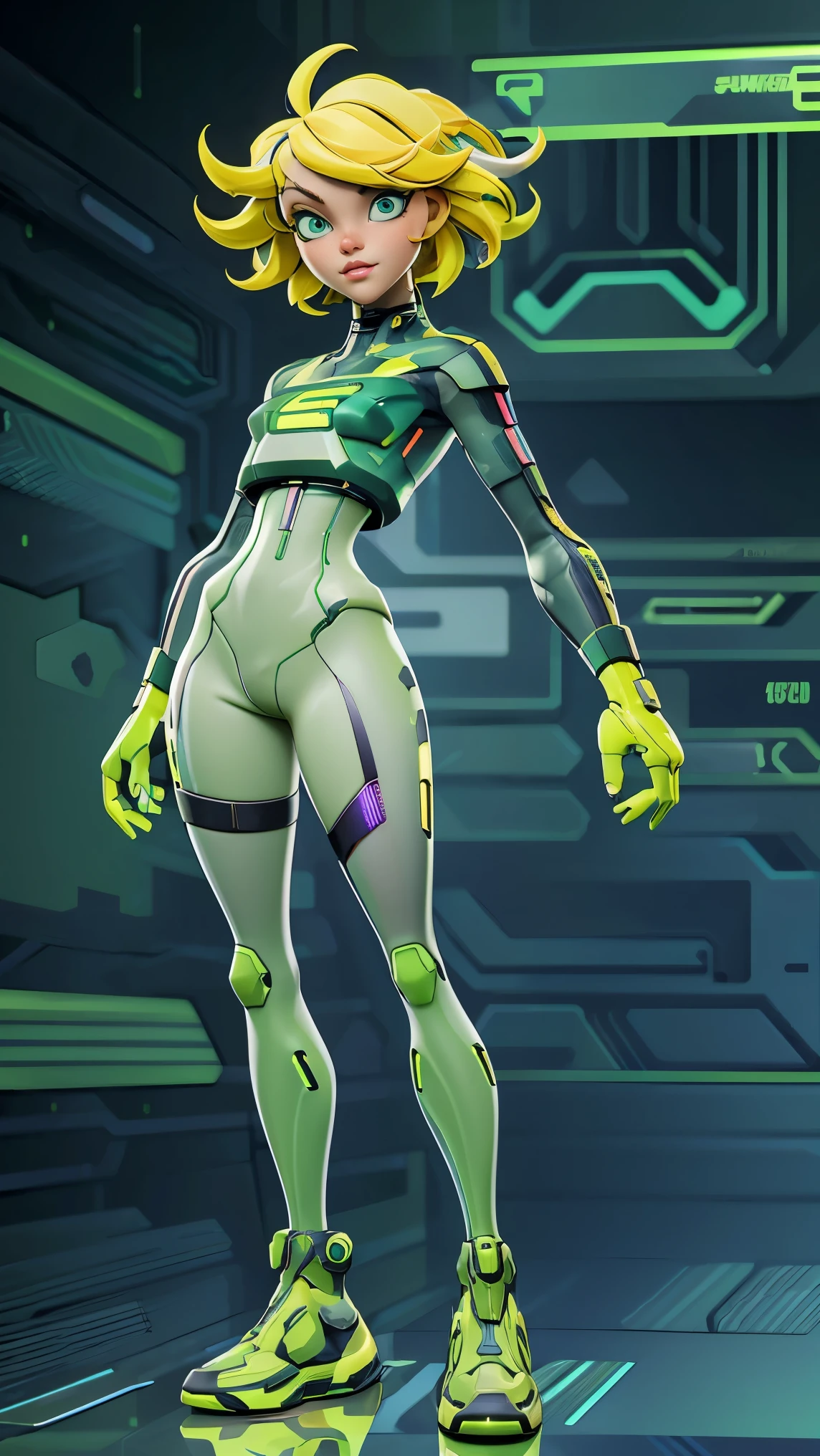 solo, front view, 1girl, full body nude, (electric Yellow hair), (electric green eyes), ((Cyber punk outfit)), (symmetrical eyes), (Perfect face), (Perfect Anatomy), (looking at viewer), (cyber shot), ((Glitch Art background)), (glitch art:1.3) ((glitch effect)), (8k), (HD), (Cinematography)