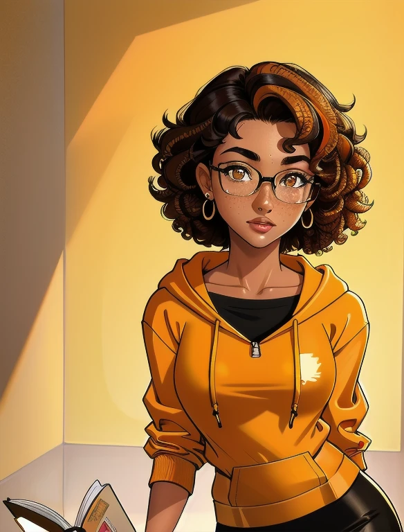 (masterpiece,best quality,absurdres,beautiful,aesthetic,detailed), (Detailed face:1.2), (Detailed eyes:1.2), 1girl, solo, 20 year old college student, ((slim, petite)) , she has tan-bronze skin with some freckles, short curly black hair with orange highlights, amber colored eyes, (Wearing: reading glasses, yellow hoodie, black pencil skirt), college background
