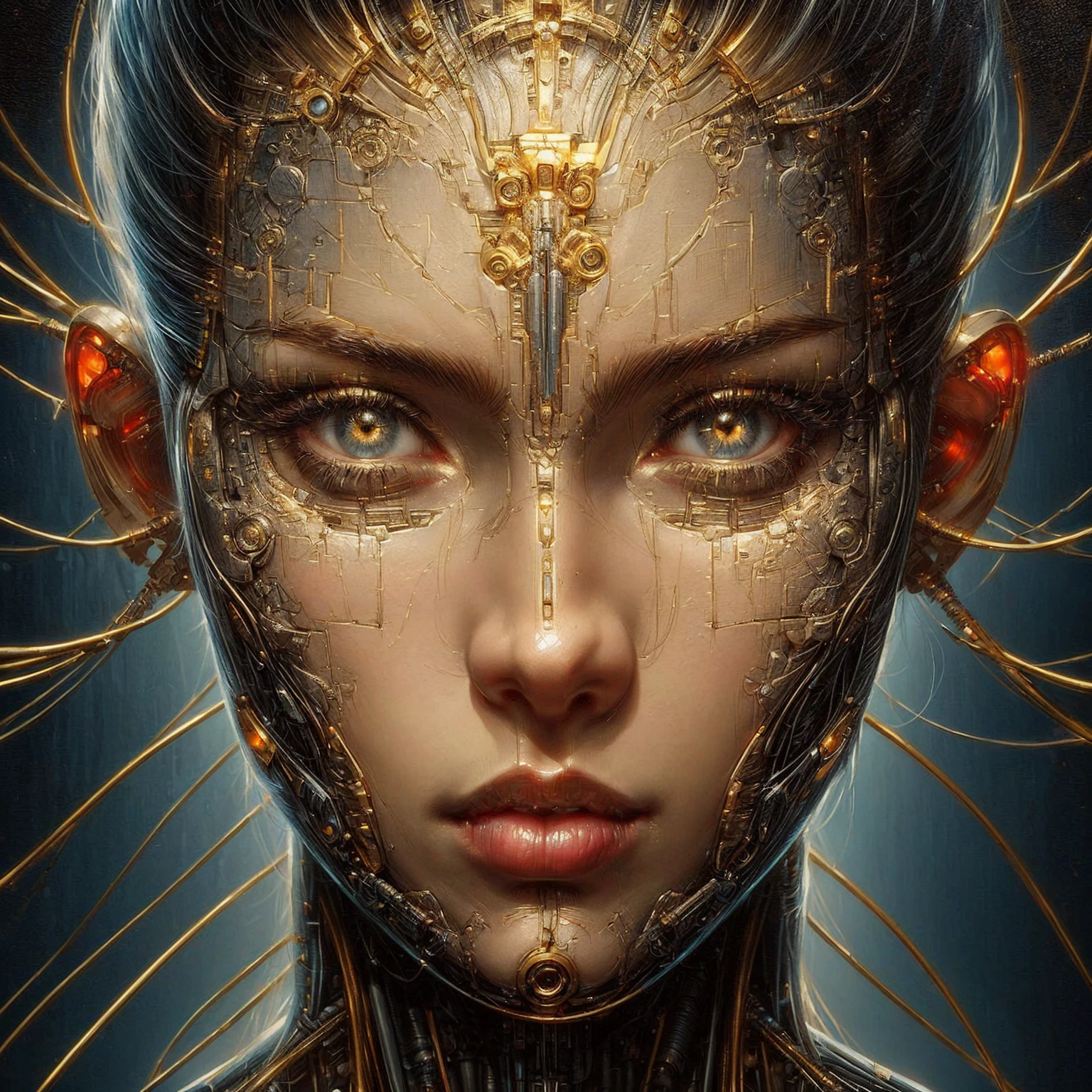 a close up of a woman with a golden wires on her face, portrait of a cyborg queen, beautiful cyberpunk girl face, cybernetic machine female face, intricate transhuman, cyborg - girl, detailed portrait of a cyborg, cyberpunk face, cyborg girl, tomasz alen kopera and cgsociety, biblical female android, cyberpunk robotic elvish queen
