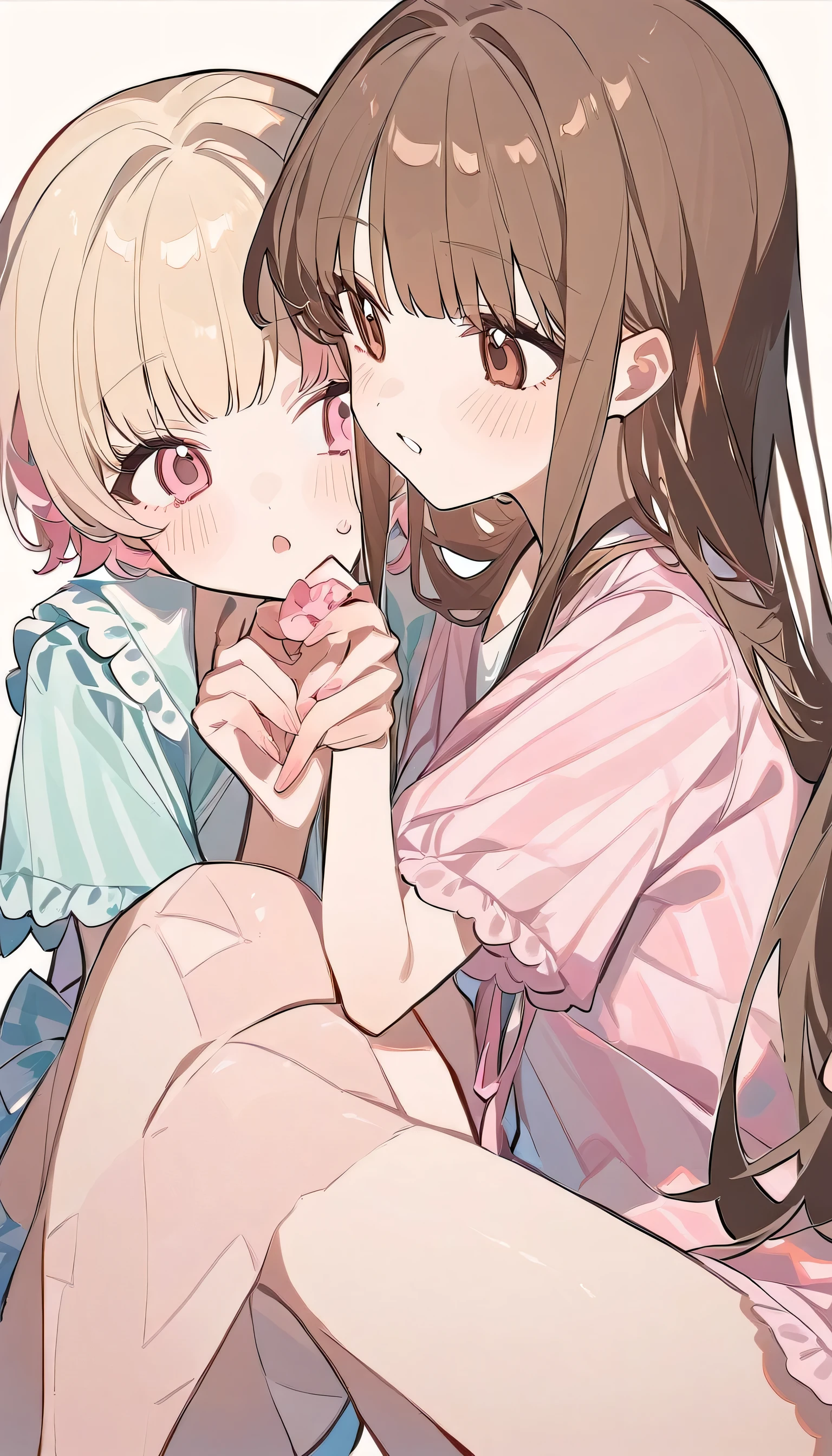 Popular Girl, Blonde, Pastel pink color. And a cunning girl with long brown hair.