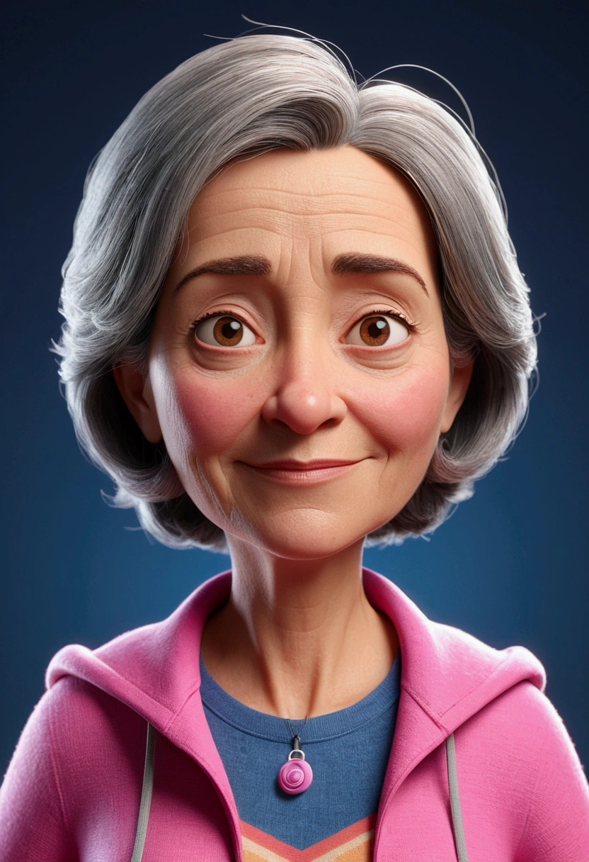 Cartoon character of a 60 year old woman, with short gray hair parted in the middle, with expression marks under the eyes and between the eyebrows, with pink clothes, animation character, stylized character, animation style rendering, 3d stylized, Arnold Maya rendering, Stylized 3D rendering, toon render screenshot, 3d character, 3d character, Stylized 3D rendering, 3D character rendering, cartoon character, Personagem de close up, character posing,  (Pixar-style) (master part:1.2) (bokeh) (best qualityer) (skin detailed) (detailed texture) (8k) (Argilla) (cinematic lighting) (sharp focus