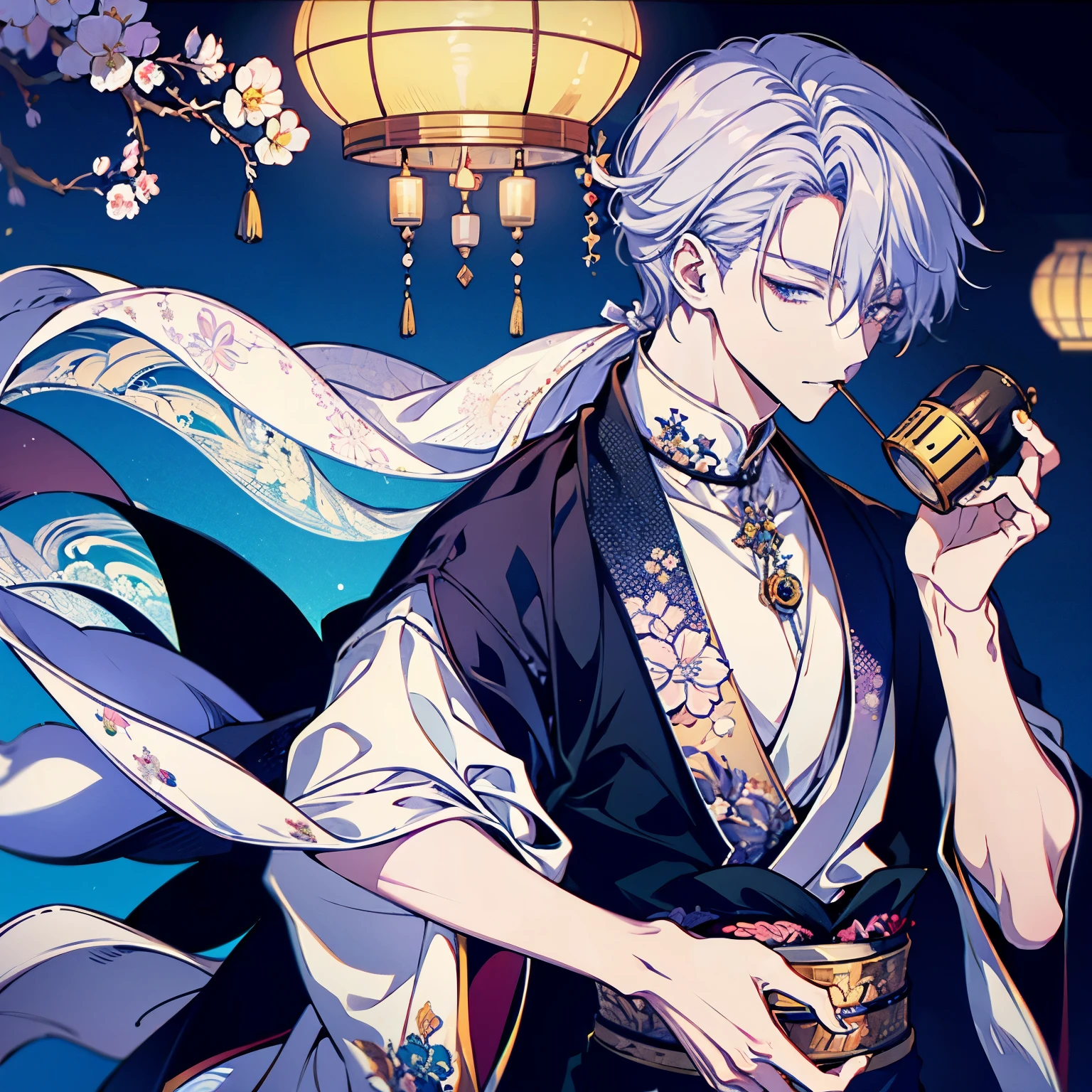 ((best quality)), ((masterpiece)), (detailed),
1male、male、Silver Hair、Fox ears、kimono、Drinking tea at a traditional Japanese cafe