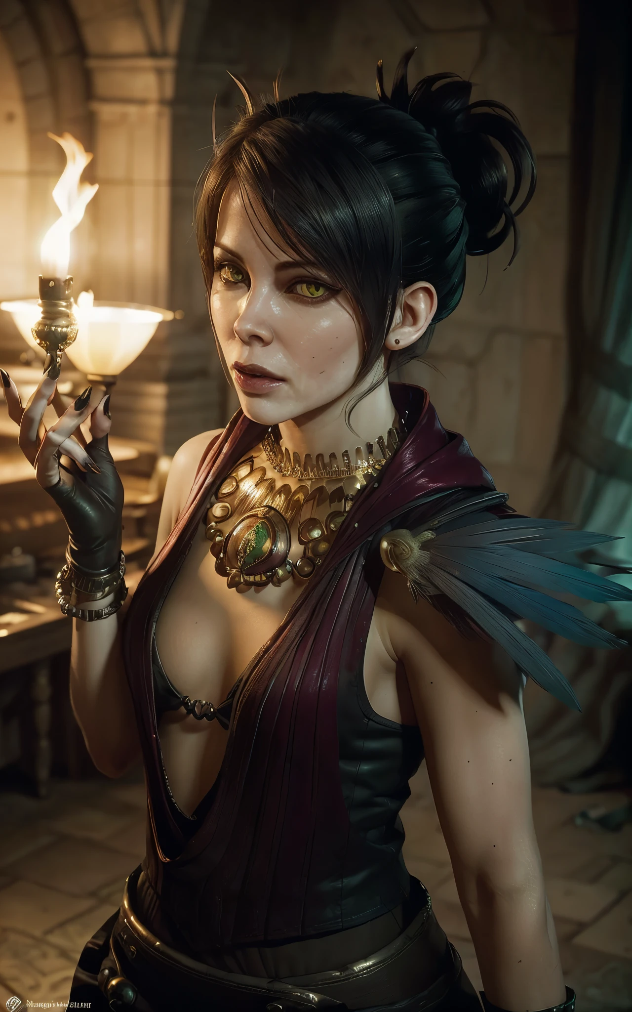 (masterpiece, best quality) realistic version of
MorriganDA, face of (Kate Beckinsale:Evangeline Lilly) 1girl, solo,, looking at viewer, short hair, black hair, gloves, jewelry, yellow eyes, small breasts, fingerless gloves, necklace, hair bun, nail polish, bracelet, lips, fingernails, makeup, glowing, single hair bun, feathers, lipstick, staff, pale skin, black nails, armlet, long fingernails, realistic, nose, magic