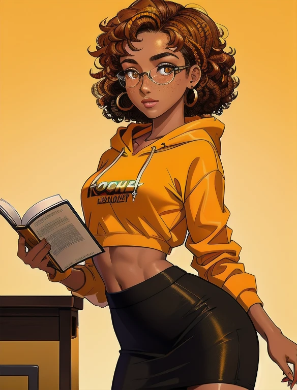 (masterpiece,best quality,absurdres,beautiful,aesthetic,detailed), (Detailed face:1.2), (Detailed eyes:1.2), 1girl, solo, 20 year old college student, ((slim, petite)) , she has tan-bronze skin with some freckles, short curly black hair with orange highlights, amber colored eyes, (Wearing: reading glasses, yellow hoodie, black pencil skirt), college background
