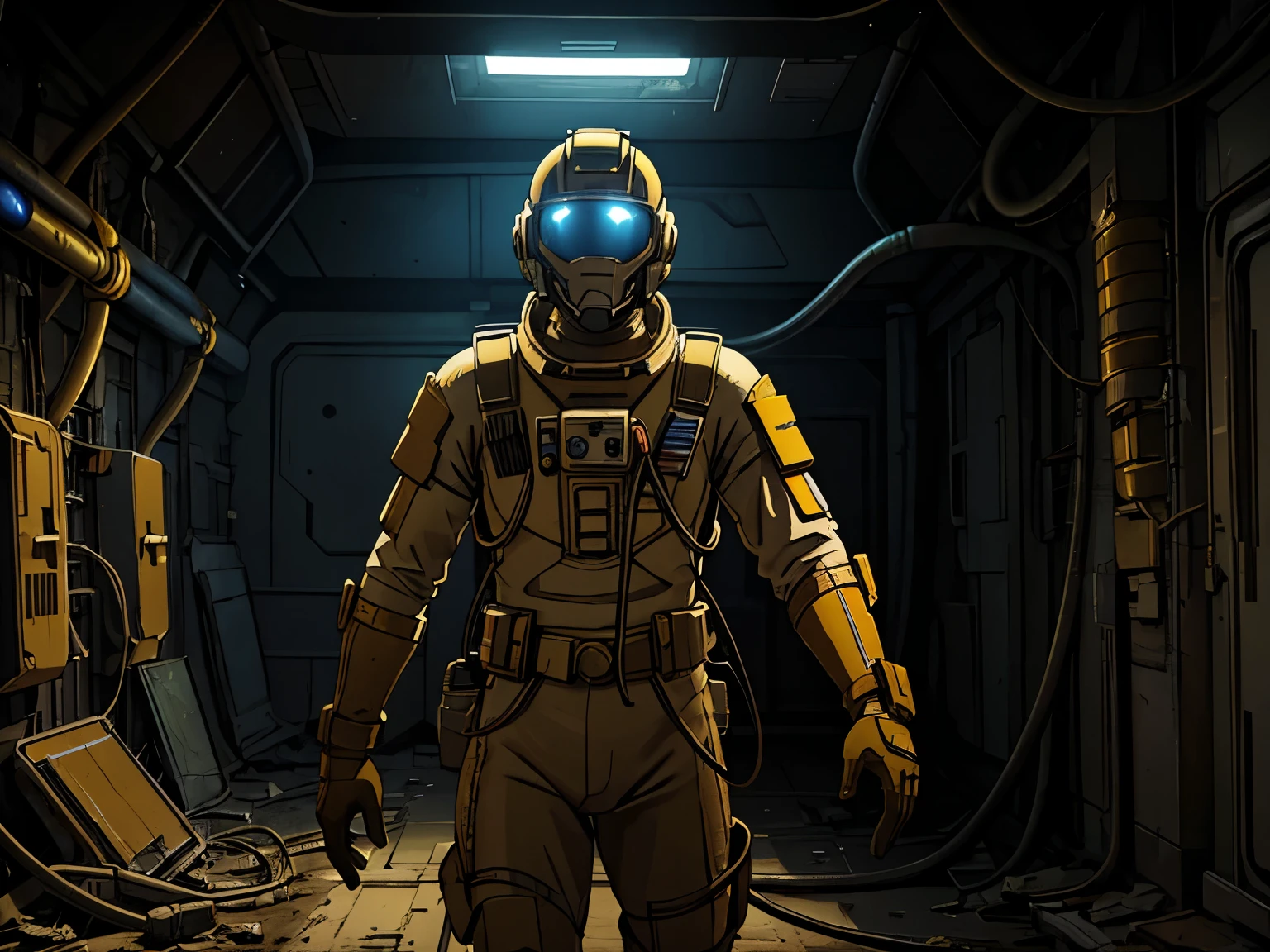 masterpiece, great detail, Astronaut Soldier,  without helmetlooking straight ahead, yellow uniform, dirty, with stains,, armor scifi, Alone, abandoned spaceship, wrecked ship, low light, destroyed hallways, Cables, Cables, Lights, darkness