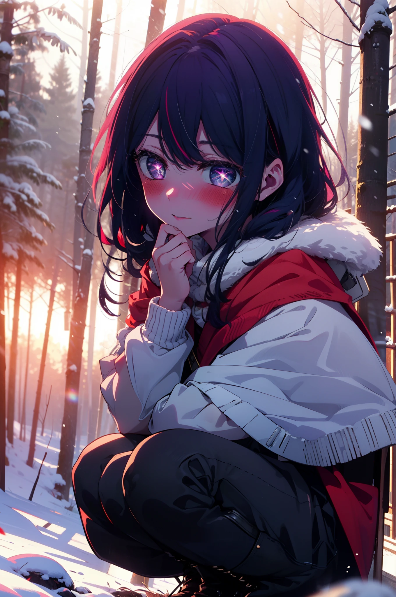 aihoshino, Ai Hoshino, Long Hair, bangs, (Purple eyes:1.1), Purple Hair, (Symbol-shaped pupil:1.5), smile,,smile,blush,white breath,
Open your mouth,snow,Ground bonfire, Outdoor, boots, snowing, From the side, wood, suitcase, Cape, Blurred, , forest, White handbag, nature, Squat, Mouth closed, Cape, winter, Written boundary depth, Black shoes, red Cape break looking at viewer, Upper Body, whole body, break Outdoor, forest, nature, break (masterpiece:1.2), Highest quality, High resolution, unity 8k wallpaper, (shape:0.8), (Beautiful and beautiful eyes:1.6), Highly detailed face, Perfect lighting, Extremely detailed CG, (Perfect hands, Perfect Anatomy),