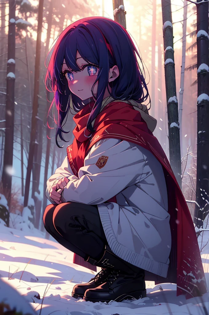 aihoshino, Ai Hoshino, Long Hair, bangs, (Purple eyes:1.1), Purple Hair, (Symbol-shaped pupil:1.5), smile,,smile,blush,white breath,
Open your mouth,snow,Ground bonfire, Outdoor, boots, snowing, From the side, wood, suitcase, Cape, Blurred, , forest, White handbag, nature, Squat, Mouth closed, Cape, winter, Written boundary depth, Black shoes, red Cape break looking at viewer, Upper Body, whole body, break Outdoor, forest, nature, break (masterpiece:1.2), Highest quality, High resolution, unity 8k wallpaper, (shape:0.8), (Beautiful and beautiful eyes:1.6), Highly detailed face, Perfect lighting, Extremely detailed CG, (Perfect hands, Perfect Anatomy),