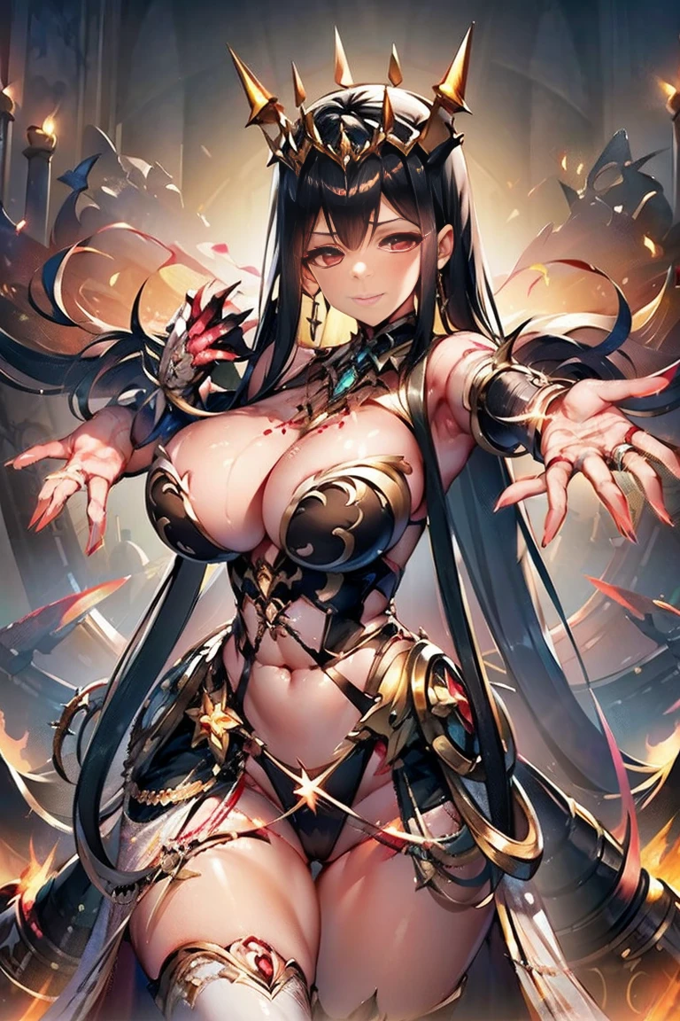 outstretched arms, outstretched hand, outstretched fingers, black hair, bare shoulder, red eyes, very long hair, cleavage, large breasts, dress, showgirl skirt, high-leg, cleavage cutout, tiara, bare thighs, gauntlets, bare shoulder, bare nails, bare fingers, bare hands, good hands, best hands, Correctly aligned fingers, extremely detailed hands and fingers, ultra detailed hands and fingers, super detailed hands and fingers, perfect female hands and fingers, biologically accurate hands and fingers, 4 fingers and 1thumb accurate hands and fingers, beautiful hands and fingers, hands and fingers drawing, human hand and fingers, perfect arrangement of fingers, detail focus hands, perfection hands, better hands, adult face, fearless face, (((both arms, two arms, both hands, two hands))), super fine illustration, masterpiece, masterwork, by famous artist, official art, ultra high res, best quality, high quality, Hand, detailed, perfect, perfection , hands, both hands is Thumb and index finger and middle finger and ring finger and little finger, symmetrical hands, even hands, panties, thighhighs, symmetrical bangs, gleaming skin, oil skin, shiny skin, wet skin, sweat, rouge, exquisite, beautiful,cg unity 8k wall paper, perfect face, ultra detailed beautiful face, perfect nose, perfect mouth, clear eyes, light eyes, perfect eyes, symmetrical eyes, even eyes, 16k, absurdres, perfect body, perfect anatomy, perfect proportion, perfect arms, perfect torso,