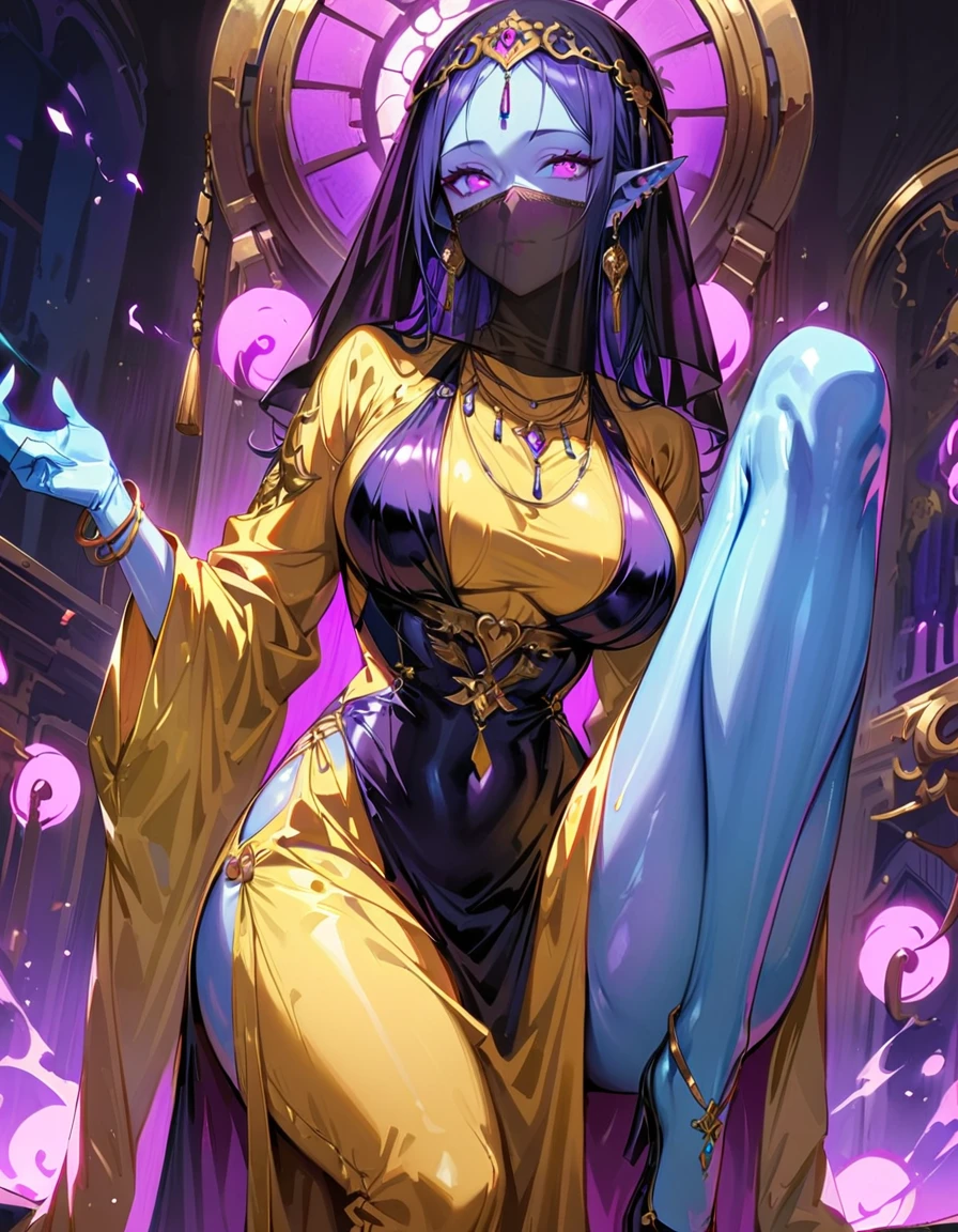 1 mature woman,,(Highest quality,Extremely detailed depiction,Incredibly absurd high resolution,Anatomically accurate depiction,Curvy Legs),(Glowing Skin,Shiny skin),(Glowing Skin,Shiny skin,Oilskin,Blue Skin:1.3),(Sexy fortune teller,Dark Elf:1.3),(A face veil that hides the mouth:1.5),(Luxurious accessories,Earrings,necklace,Bracelet,Long gloves,Sexy Costumes,See-through,black tights),eyelash,A little sweat,(Purple Eyes,Detailed pupil,Half-closed eyes:1.5,Crazy Eyes,There is cleavage in the chest,Bewitching Smile,glossy purple lipstick),(Holding a mysteriously glowing crystal ball),background：Fortune Telling House,Mysterious atmosphere