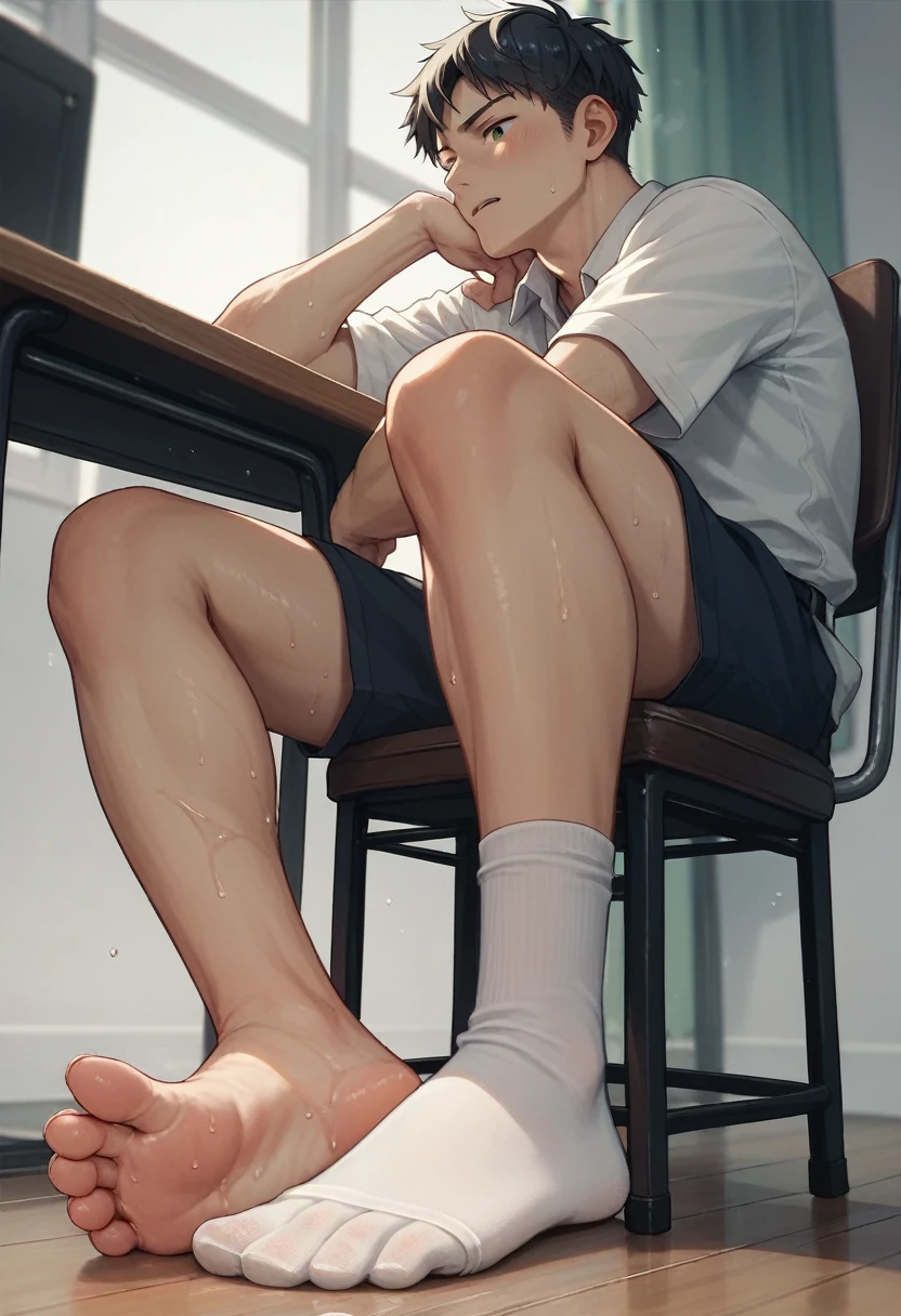 Anime boy very wet sweaty white socks under chair showing his feet soles close to the camera