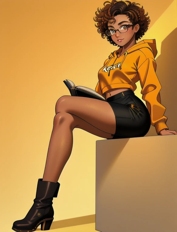 (masterpiece,best quality,absurdres,beautiful,aesthetic,detailed), (Detailed face:1.2), (Detailed eyes:1.2), 1girl, solo, 20 year old college student, ((slim, petite)) , she has tan-bronze skin with some freckles, short curly black hair with orange highlights, amber colored eyes, (Wearing: reading glasses, yellow hoodie, black pencil skirt, boots), college background