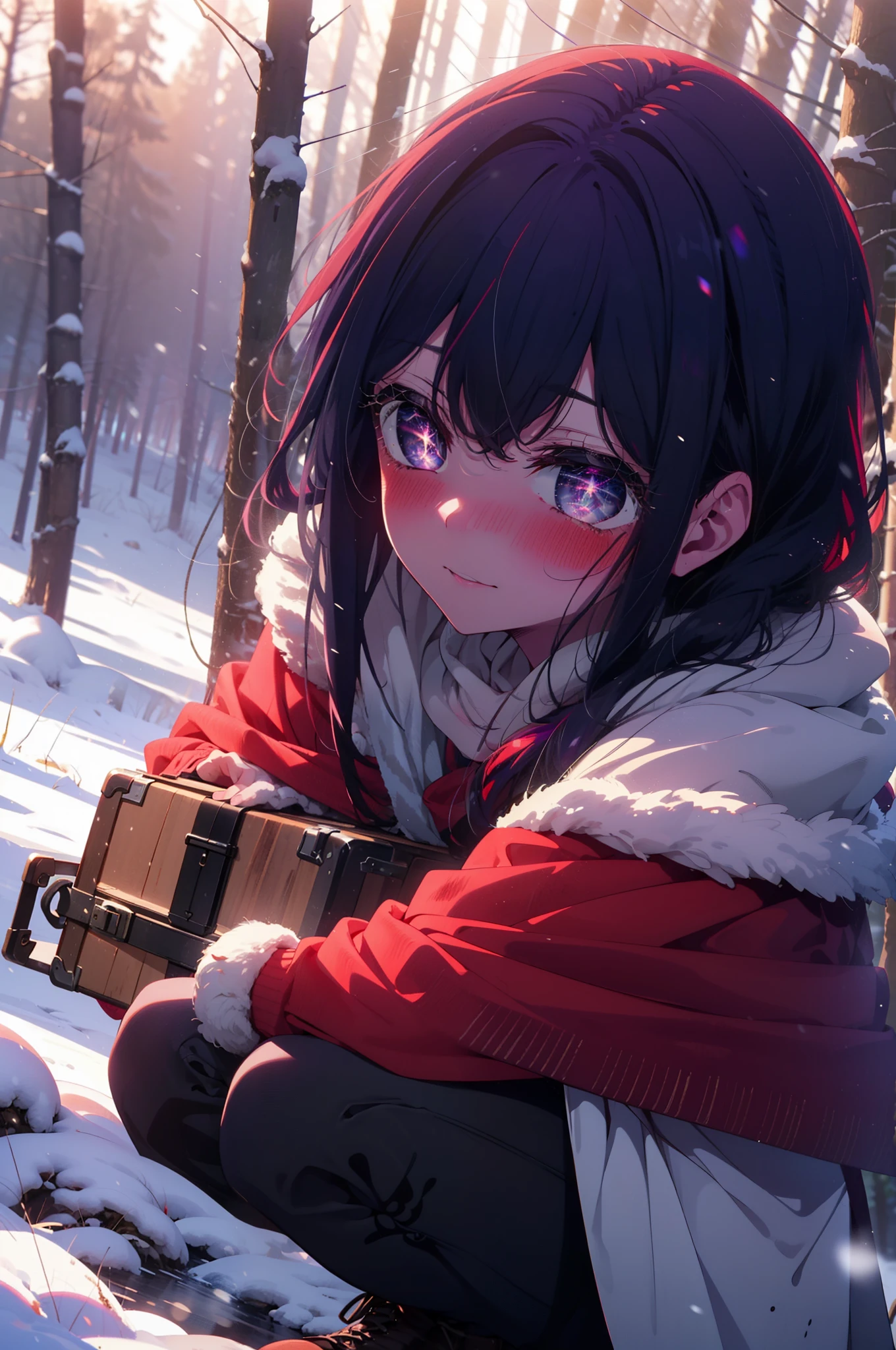 aihoshino, Ai Hoshino, Long Hair, bangs, (Purple eyes:1.1), Purple Hair, (Symbol-shaped pupil:1.5), smile,,smile,blush,white breath,
Open your mouth,snow,Ground bonfire, Outdoor, boots, snowing, From the side, wood, suitcase, Cape, Blurred, , forest, White handbag, nature, Squat, Mouth closed, Cape, winter, Written boundary depth, Black shoes, red Cape break looking at viewer, Upper Body, whole body, break Outdoor, forest, nature, break (masterpiece:1.2), Highest quality, High resolution, unity 8k wallpaper, (shape:0.8), (Beautiful and beautiful eyes:1.6), Highly detailed face, Perfect lighting, Extremely detailed CG, (Perfect hands, Perfect Anatomy),