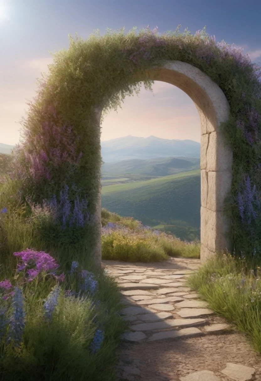 "subject description {A very wide door arch made of stones , intertwined with plants, standing in a landscape of beautiful wildflowers, with a brilliant background of bright light emanating from within}, Image type {photorealistic image}, art styles {Surrealism}, camera {35mm}, shooting {medium shot}, Rendering related information {4k, hyper detailed, ambient light}"