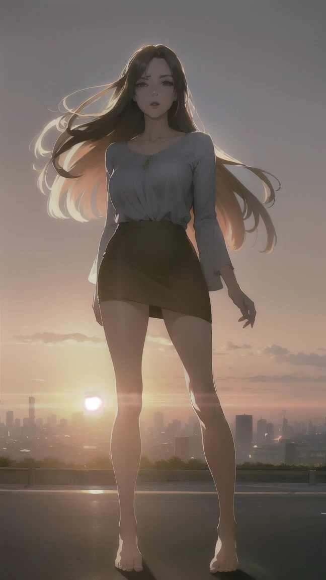 a woman with long hair in a transparent blouse and tight skirt, standing in the twilight of Tokyo, her hair blowing in the wind, 1girl, detailed face and eyes, highly detailed, masterpiece, photorealistic, 8k, cinematic lighting, dramatic, atmospheric, muted color palette, warm sunset tones, natural lighting, elegant, graceful, serene, peaceful, 