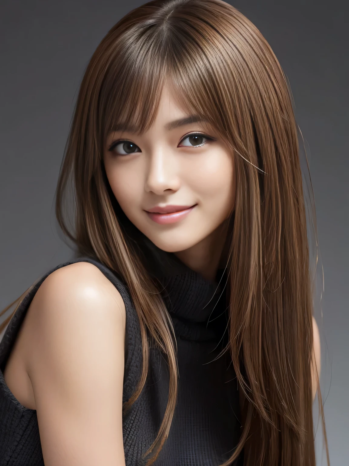 masterpiece, best quality, ultra-detailed, intricately detailed hyperdetailed, realistic, sharp features, highly detailed, sharp focus, Realistic, Photorealistic:1.3, (19 years old:1.3), perfect face, perfect symmetrically eyes, perfect full lips, hyper detailed, hyper realistic, high resolution, Fashion Model, Japanese Idol, Slender, brown hair, Stylish, model poses, Beautiful Face, light brown hair, messy hair, Beautiful hairstyle, (seductive smile:1.2), (looking at viewer), cinematic lighting, grey background, (Black knit:1.2), portrait