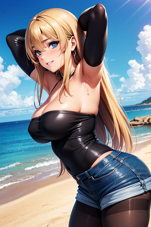 #Basics A girl is posing for a photo, (((One Girl))), (((Baby Face:1.4)) + ((cute:1.4)) + (())),
break
#Clothing Accessories
(Black off-shoulder shirt) + (Blue denim shorts) + ((Black Pantyhose:1.4) : (Shiny) + (Sheer) + (Very low denier)) + (Shiny黒ハイヒール),
break
#Features
((Blonde:1.2)), ((Long side bangs:1.5 + Voluminous side bangs)), (((Straight Long Hair) : Long Hair + Voluminous Hair + Straight hair)),
((Droopy eyes:1.4, Big eyes:1.2), blue eyes),
break
#background environment
((noon + Sunshine, Park with an ocean view)),
#Facial Expression Pose
((smile, blush), (stretch your arms up、Back stretching pose)),
#composition
((Face the camera, (Angle from the front), (Cowboy Shot))),
break
#Body parts elements
(Slim figure),
(Detailed Hair, Beautiful Hair, Shiny Hair),
(double eyelid, Long eyelashes, Thin eyebrows:1.4),
(Expression of fine eyes, Beautiful and delicate eyes, Sparkling eyes, Eye Reflexes, Glitter Eyeliner),
(Human Ear),
(Beautiful Nose, Thin Nose),
(Shiny唇, Beautiful Lips, Thick lips), (Symmetrical facial features),
(Detailed skin, Textured skin, Beautiful Skin, Oily skin),
break
#Quality Image Quality Common
(((Highest quality)), ((masterpiece)), ((Very detailed))), ((Ultra-high resolution)), ((16K, 1080P)), ((Full HD)),
(Anatomically correct), (Realistic), (3DCG), (Oil painting),
((comics, anime)), (CG illustration), (RAW Photos),