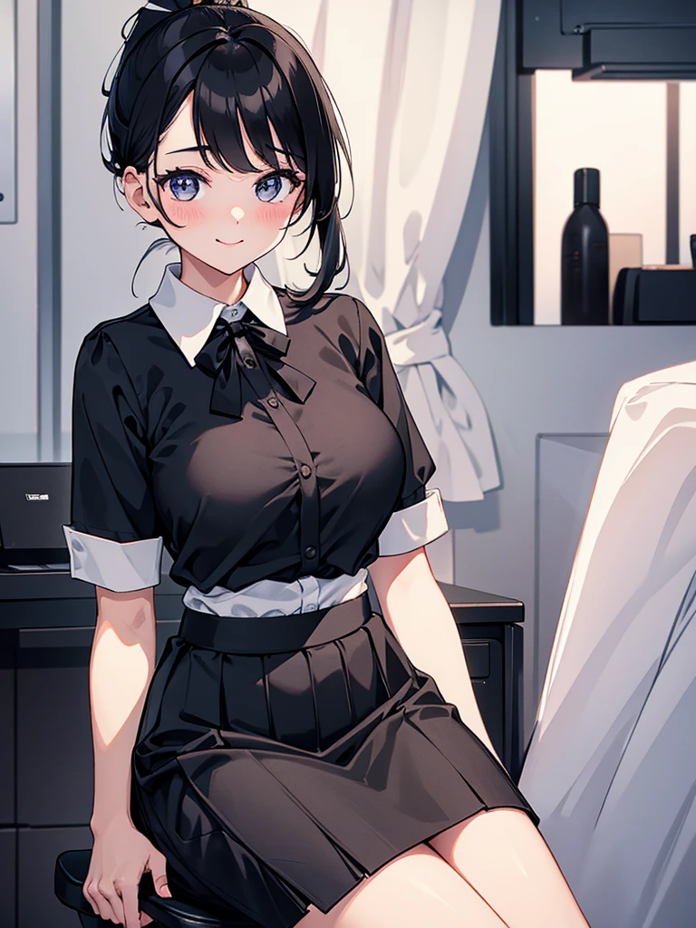 28 years old, OL, short black hair, ponytail:1.Woman number 9, side-swept bangs, smiling, blushing, energetic, big eyes, bright eyes, beautiful, tall and slender, white collared shirt, short sleeves, black long skirt:1.9 Black tight long:1.9 Skirt Black ribbon Office Desk Chair Standing posture Cute