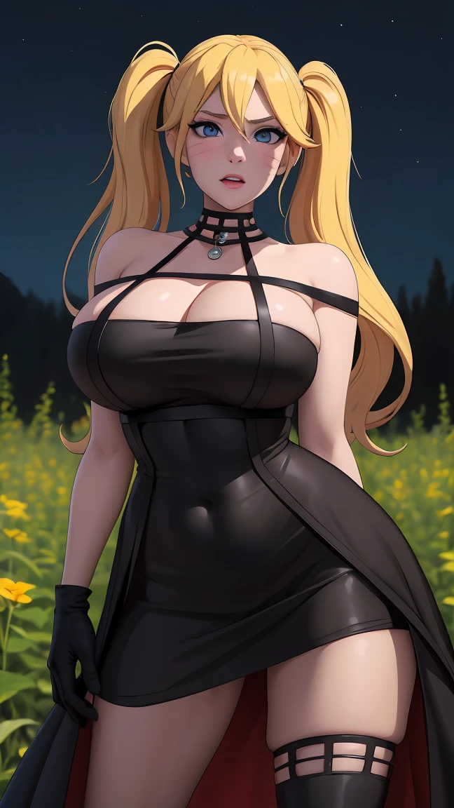 work of art, best qualityer, extremely detail 8k cg, high resolution, 1 girl, Naruko Uzumaki, twintails, whisker marks, hair blonde, blue colored eyes, perfects eyes, Fine body, Breasts huge, breasts bursting, standing, black gown, black thighighs, black gloves, alluring face, plein-air, Garden, night time, beautiful  face, Wide photo, whole body