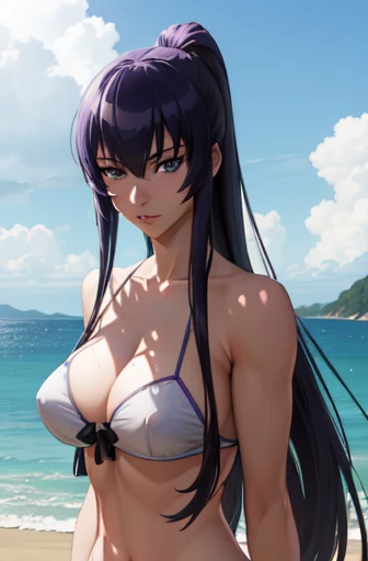 Busujima Saeko from highschool of the dead, long purple ponytail hair, beautiful blue eyes, blushing cheeks, wearing a vibrant bikini, enjoying a sunny day at the beach. The art style should resemble a captivating anime style.
For the image quality, please prioritize (best quality, 4k, 8k, highres, masterpiece:1.2), ultra-detailed, and (realistic, photorealistic, photo-realistic:1.37) rendering. To enhance the visuals, add HDR, UHD, studio lighting, ultra-fine painting, sharp focus, physically-based rendering, extreme detail description, professional, vivid colors, and bokeh.
Capturing the essence of Busujima Saeko adventurous spirit and the picturesque beach scene, make sure to emphasize the vibrant colors and the warm sunlight in the artwork. The lighting should create a soft, dreamy atmosphere that enhances Busujima Saeko beauty.