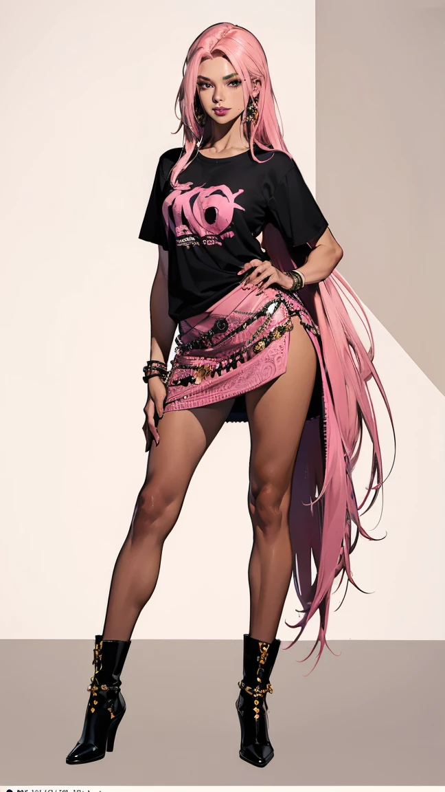 ((Highest quality,4K,High resolution,masterpiece:1.2)),((Character Concept Art)), 1 female, 10th generation women, Gal High School Girl, ((Long hair dyed pink)), Hair styled with lots of accessories, (Brown skin color), Very detailed eyes (Decorative contact lenses), Fashionable, Call, Socially active, slim body build, ((Intricate details)), Very finely crafted needles, Very finely crafted fingers(((10 fingers))), Wearing a T-shirt, mini skirt,Black boots,Heavy makeup, (Standing casually), (Full-body showcase), (Show whole body), (No logos on background), (No logo), ((Plain background)), ((Plain background)), (((Sky Background)))