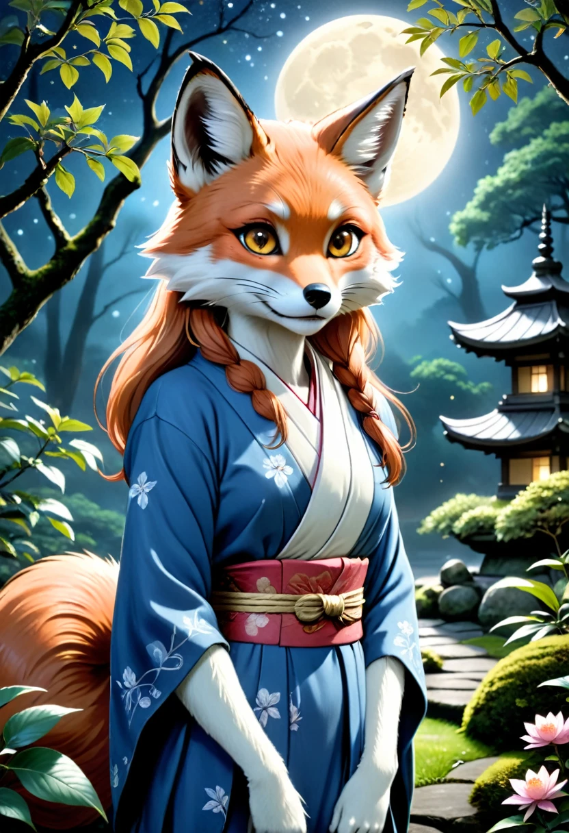 realistic, analog photo, Masterpiece, RAW photo, full-length portrait, hyper realistic, ultra detailed image, Kizune, (mythical Creature of Japanese Mythology And Folklore), detailed portrait of anthropomorphic she-fox, with fox tail, in traditional japan garden, moonlight, little spotlight, fractal, cover, detailed background, depth of field, HOF, hall of fame, detailed beautiful eyes, detailed beautiful face, natural body posture, lifelike skin texture, kodak portra 400, 16k, ultra detailed, bokeh lighting, dark fantasy atmospheric, fantasy aura, film grain, cinematic light, cinematic composition, depth of field, rim light