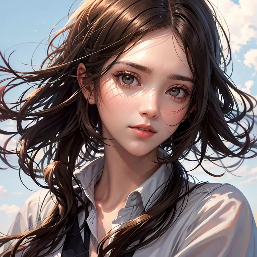 Face of a girl with white eyes and dark brown hair. Sunlight at dawn reflecting on hair