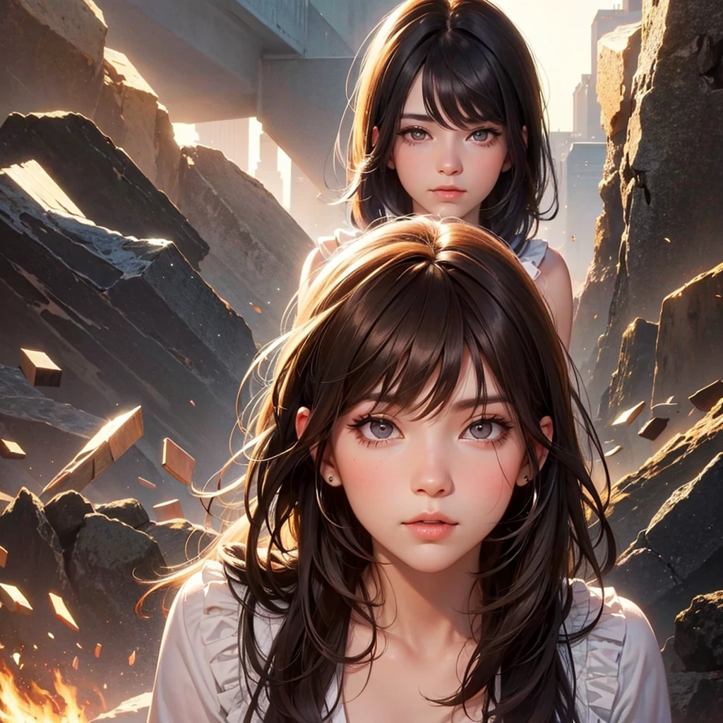Face of a girl with white eyes and dark brown hair. Sunlight at dawn reflecting on hair