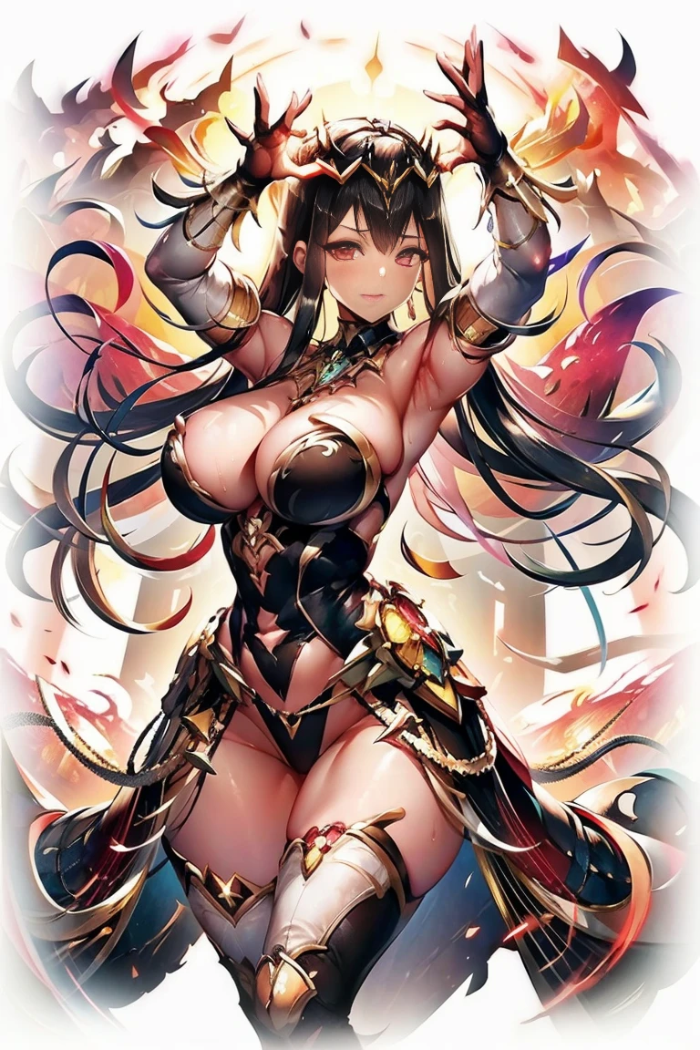 outstretched arms, outstretched hand, outstretched fingers, black hair, bare shoulder, red eyes, very long hair, cleavage, large breasts, dress, showgirl skirt, high-leg, cleavage cutout, tiara, bare thighs, gauntlets, bare shoulder, bare nails, bare fingers, bare hands, good hands, best hands, Correctly aligned fingers, extremely detailed hands and fingers, ultra detailed hands and fingers, super detailed hands and fingers, perfect female hands and fingers, biologically accurate hands and fingers, 4 fingers and 1thumb accurate hands and fingers, beautiful hands and fingers, hands and fingers drawing, human hand and fingers, perfect arrangement of fingers, detail focus hands, perfection hands, better hands, adult face, fearless face, ((((((both arms, two arms, both hands, two hands)))))), super fine illustration, masterpiece, masterwork, by famous artist, official art, ultra high res, best quality, high quality, Hand, detailed, perfect, perfection , hands, both hands is Thumb and index finger and middle finger and ring finger and little finger, symmetrical hands, even hands, panties, thighhighs, symmetrical bangs, gleaming skin, oil skin, shiny skin, wet skin, sweat, rouge, exquisite, beautiful,cg unity 8k wall paper, perfect face, ultra detailed beautiful face, perfect nose, perfect mouth, clear eyes, light eyes, perfect eyes, symmetrical eyes, even eyes, 16k, absurdres, perfect body, perfect anatomy, perfect proportion, perfect arms, perfect torso, 