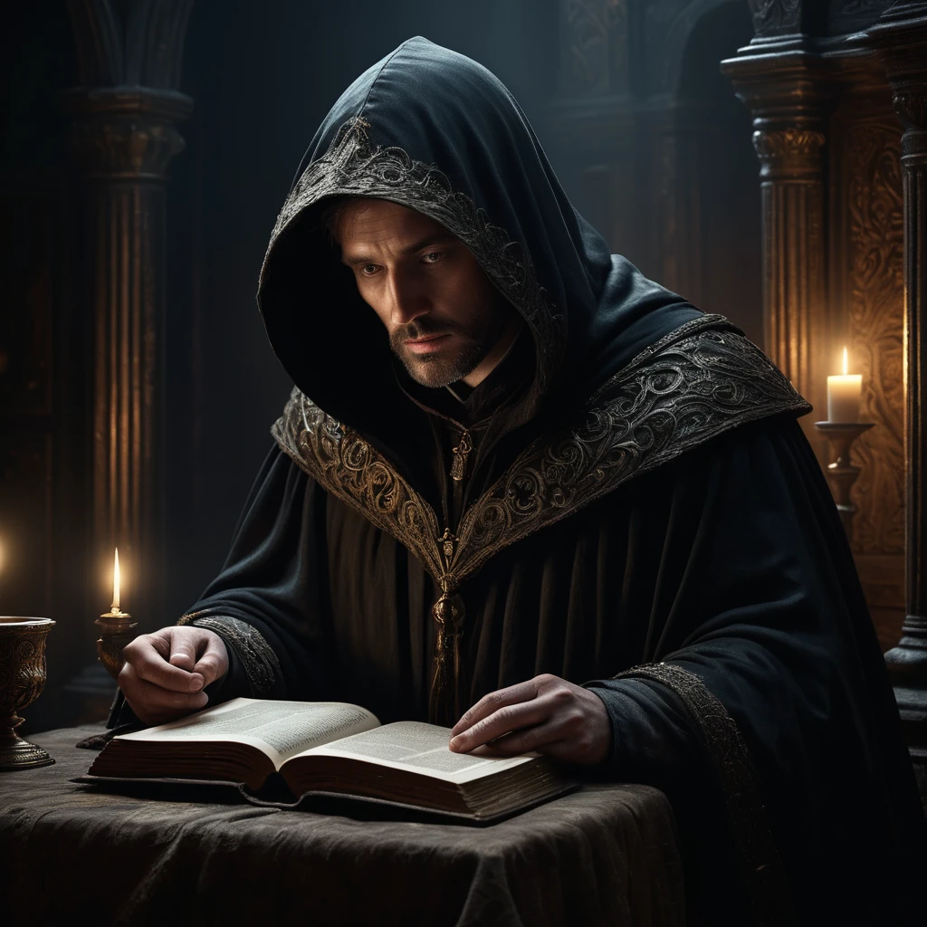 a shadowy figure in a dark cloak, reading an ancient book, detailed facial features, intricate costume textures, dramatic lighting, dark moody atmosphere, cinematic composition, digital painting, hyper realistic, 8k, award winning, masterpiece