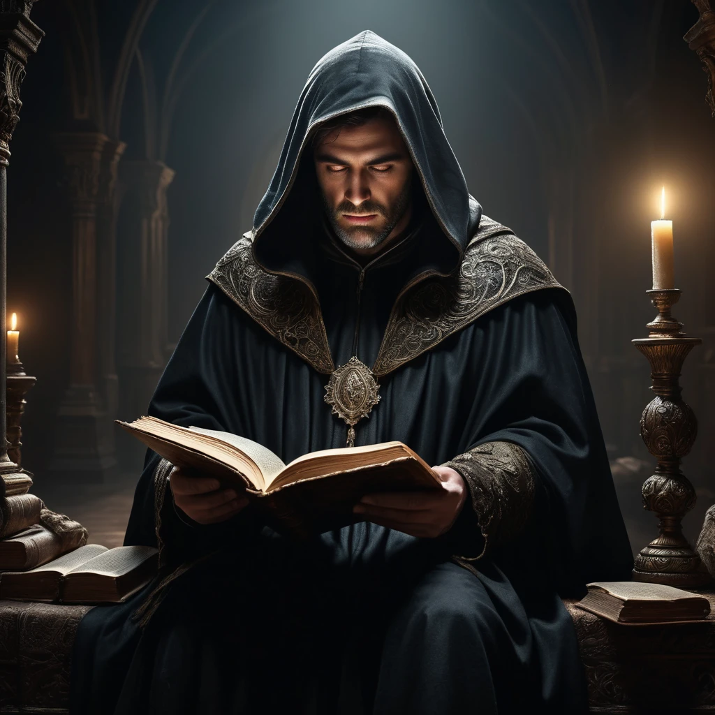 a shadowy figure in a dark cloak, reading an ancient book, detailed facial features, intricate costume textures, dramatic lighting, dark moody atmosphere, cinematic composition, digital painting, hyper realistic, 8k, award winning, masterpiece