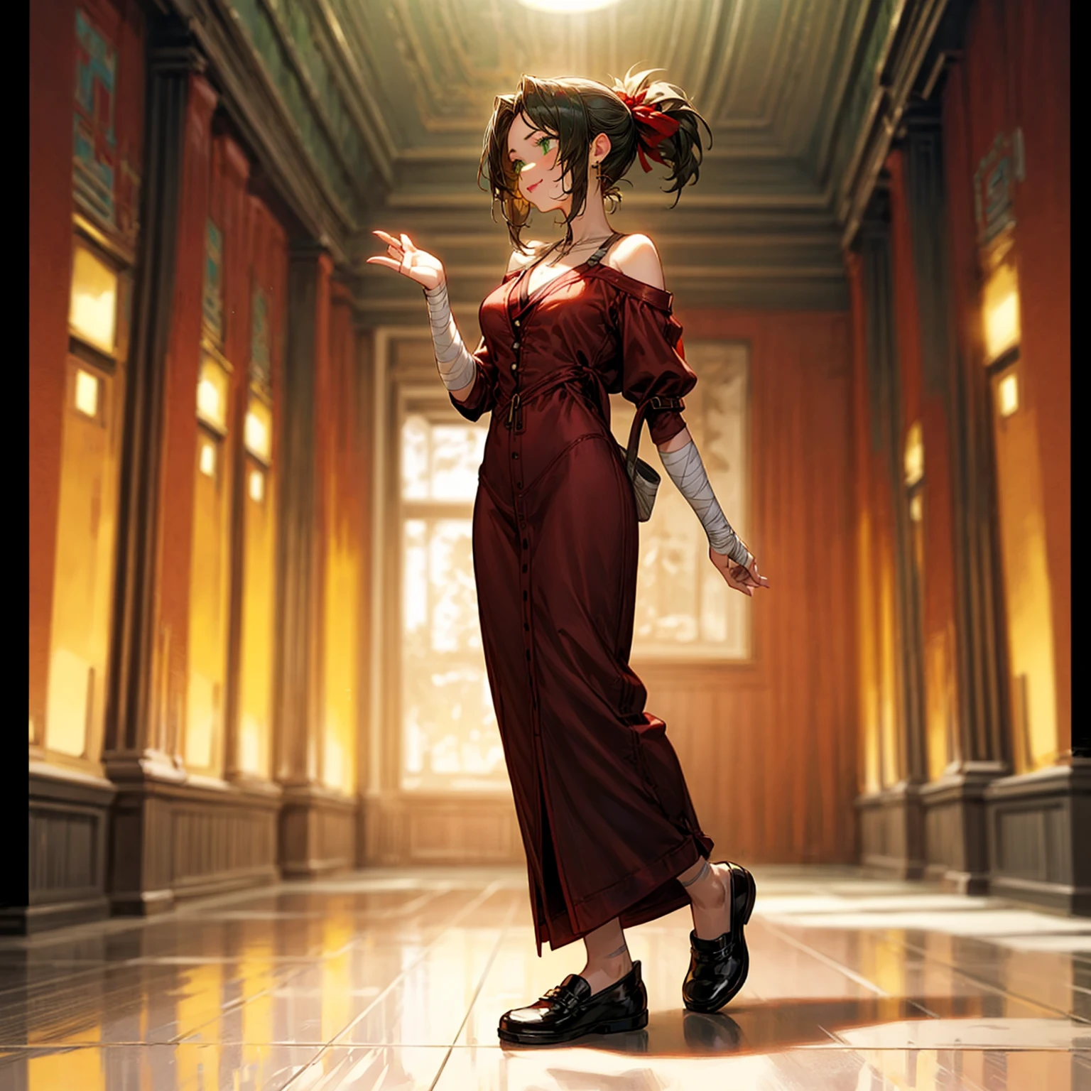 solo, young girl, green eyes, short haircut, ponytail, black hair, bare shoulder clothing, casual outfit, shoes, Bandage, long earrings, red lipstick, indoor, classic bar, morning day, full body version, full shot camera, detail background, detailed hair, detailed clothing, (Bleach style art), big breasts, sad eyes, smile mouth, standing gesture