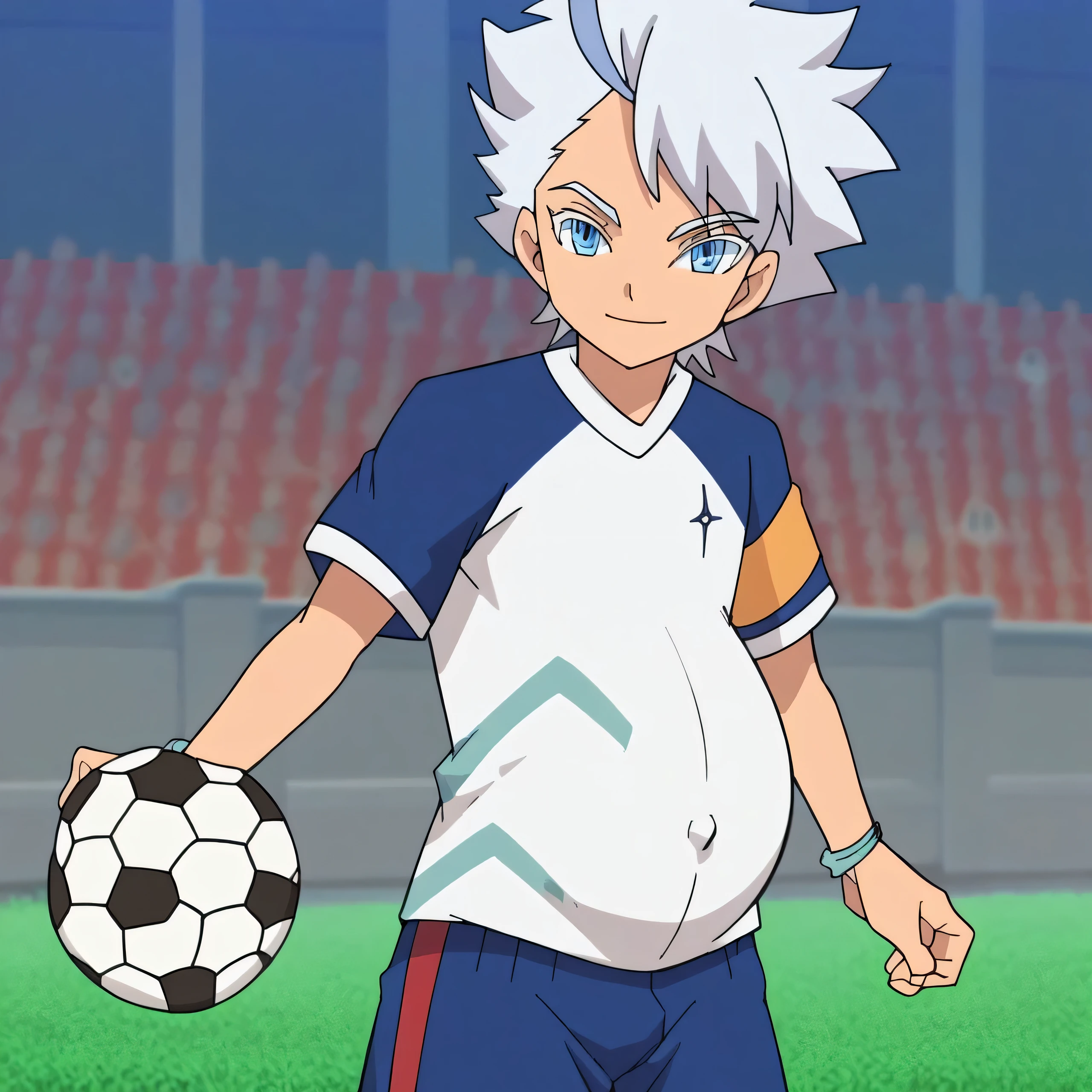 1boy,solo,froy,white hair,blue eyes,standing,pregnant,very pregnant,looking at viewer,smile,soccer uniform,soccer shirt,soccer shorts,outdoors