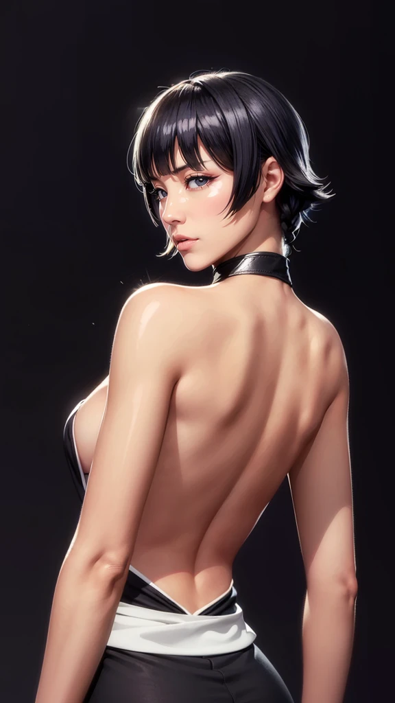 (((Perfect body,White and tender skin,(((japanese clothes, sideboob,Black top, Gold belt, black sleeves, black Japanese pants ))),(((sui-feng, short hair, short hair with long locks,Black hair))),((masterpiece)),high resolution, ((Best quality at best)),masterpiece,quality,Best quality,((( Exquisite facial features,Looking at the audience,There is light in the eyes,Smile))),From the back))),(((Light and shadow,Small chest,))),(((Looking at the camera,black background,)))),