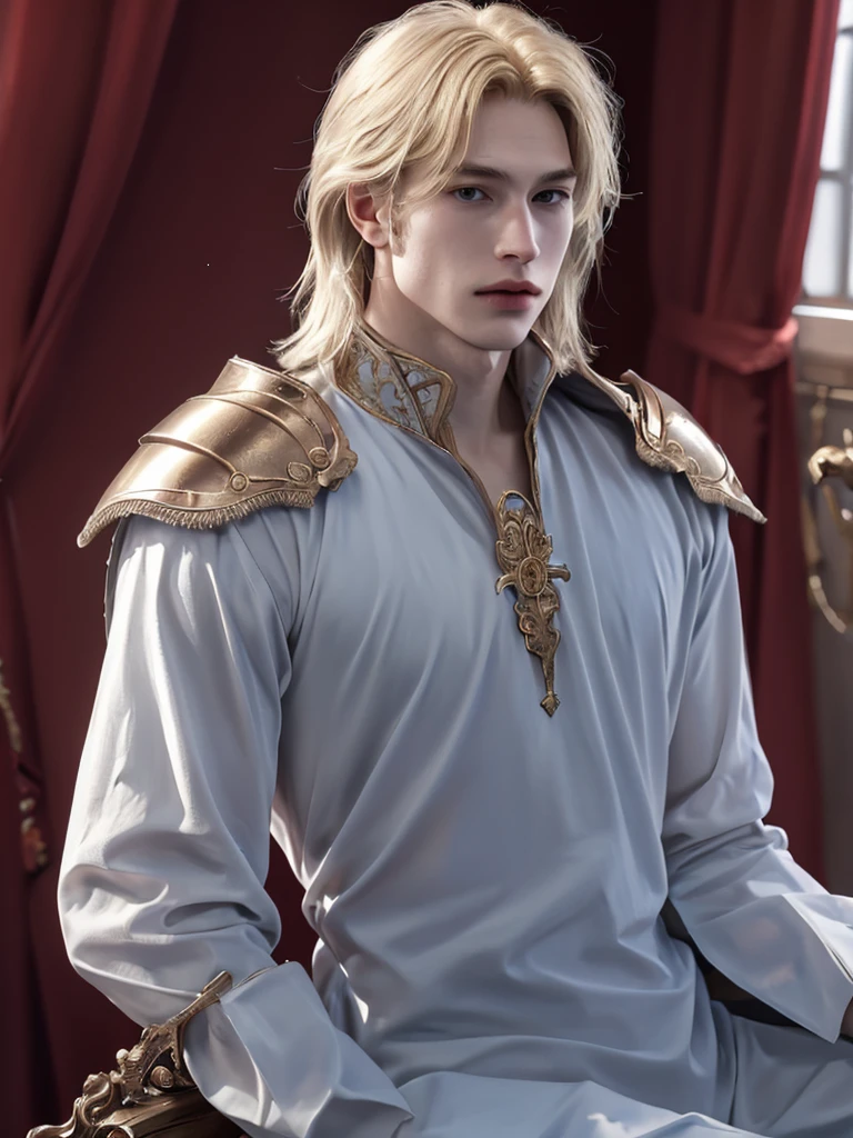 Young Prince. 18 years. Beautiful. Golden blonde. Short, slightly wavy straight hair. Piercing blue eyes. Prince. Royal clothes. Tall, muscular. Pleasant facial features. Brutal. High. In the armor of a knight., 1200 PPI – Photographic resolution with greater central realism, Hyper-realistic, cinematic high-fidelity 16K UHD image resolution