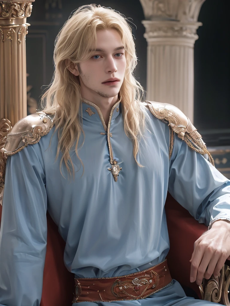 Young Prince. 18 years. Beautiful. Golden blonde. Short, slightly wavy straight hair. Piercing blue eyes. Prince. Royal clothes. Tall, muscular. Pleasant facial features. Brutal. High. In the armor of a knight., 1200 PPI – Photographic resolution with greater central realism, Hyper-realistic, cinematic high-fidelity 16K UHD image resolution