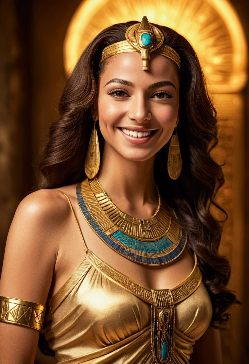 (best quality,highres,phographic),beautiful smiling woman,ancient Egyptian-style hair, golden dress, nude breast, Egyptian necklace, penetrating gaze, vibrant colors, elegant lighting, detailed facial features, mesmerizing beauty, graceful posture, regal aura, stunning artwork, exquisite craftsmanship