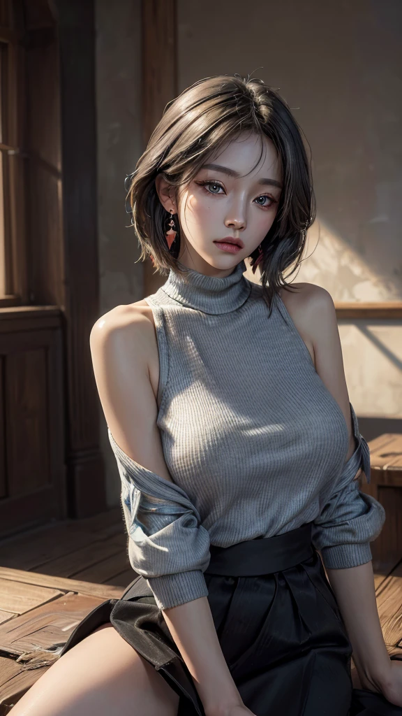 (8K, highest quality, masterpiece:1,2), (realistic, Photoreal:1.37), Super detailed, one girl,), (very detailed), (detailed and beautiful eyes), ((((highly detailed artwork))))、Earrings、((Two-toned hair))、ponytail、(((Inside a stylish secondhand clothing store)))、(masterpiece、Highest quality、In 8K、32K、masterpiece、Super huge 、Ultra-high resolution、Impressionism、Realistic:1.2)、((Cowboy Shot)),  Sharp focus、Beautiful face with detailed background of face and eyelids、Glowing Skin、Sharp pupils、Realistic eyes and beautiful face、Blurred Background、Beautiful 28 year old girl、Glowing Skin、(((bright and beautiful hair)))、iris、curve、Powerful composition,  ((seductive looks))、((horny expression))、、(light blue hair color))、[black hair]、Best Quality, Ultra High Definition, (Photorealistic:1.4),Sunset Light, Ponytail, Korean Women, (big breasts), Detailed Photo, Smiling, Sexy, Black Shirt, Facing Camera,  (Masterpiece: 1.3), (8K, Photorealistic, Best Quality: 1.4), (1girl), Beautiful Face, (Realistic Face), (Black Hair, Short Hair: 1.3), Beautiful Hairstyle, Realistic eyes, beautiful detail eyes, (realistic skin), beautiful skin, (sweater), absurd, attractive, ultra high resolution, ultra realistic, high definition, golden ratio, sitting, crossed legs, black skirt, ((shoulder length hair))