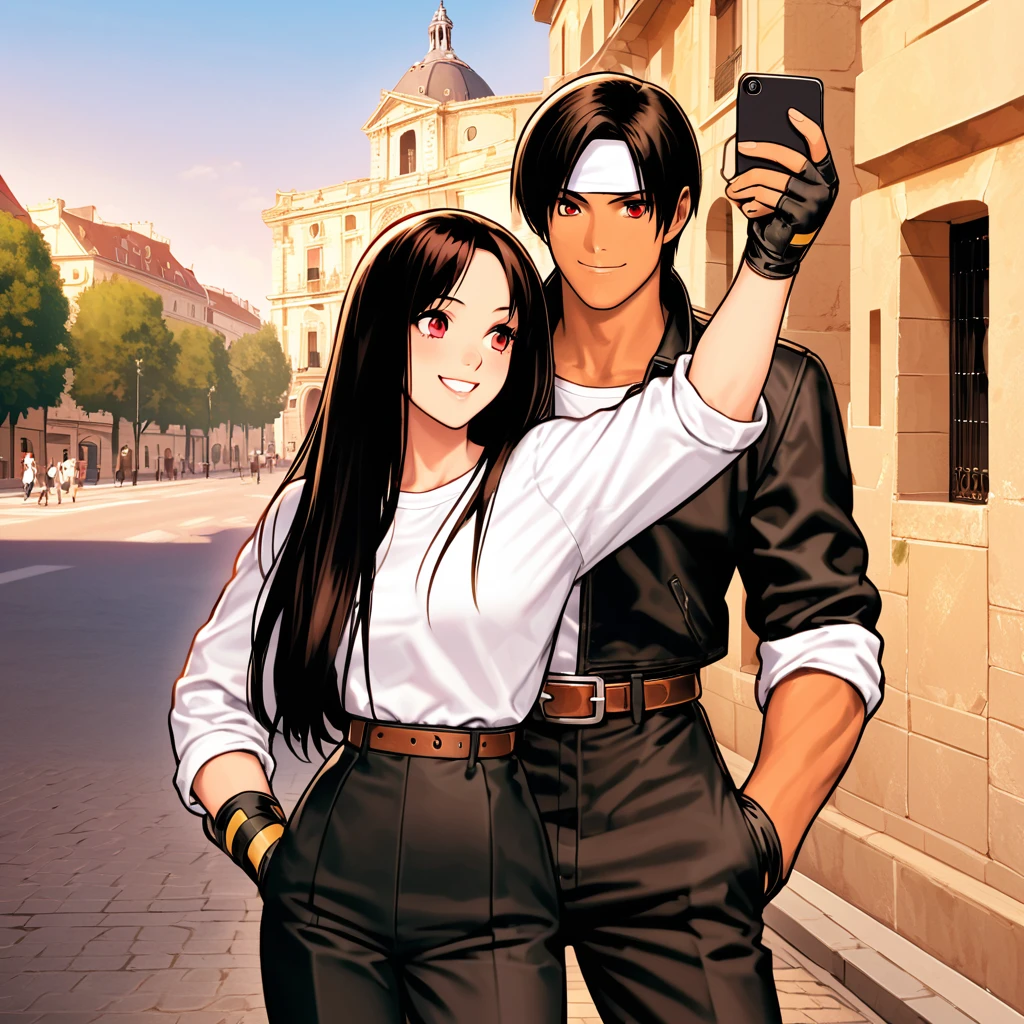 Orochikyo、Dark Skin、2 people、Red eyes、Black jacket（Rolled up sleeves）、Fingerless gloves、Black Hair、White T-shirt、（（White headband））、Black pants、White shoes、Brown belt、good looking、shot、Charm、masterpiece、High resolution、Detailed face、Fine grain、morning、Sky、A confident smile、Lovers with Place de la Bourse in the background、Taking a selfie with your smartphone、Smiling man and woman、France、Face to face and talk happily