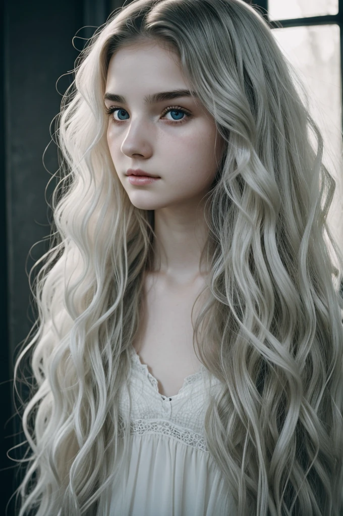 Wavy- haired girl with ghost like features. Pale and dead like skin. With white grey eyes