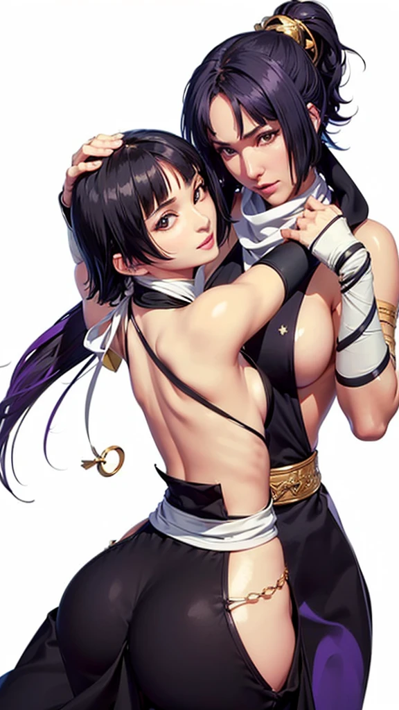 (((Perfect body,White and tender skin,(((japanese clothes, sideboob,Black top, Gold belt, black sleeves, black Japanese pants ))),(((sui-feng, short hair, short hair with long locks,Black hair))),((masterpiece)),high resolution, ((Best quality at best)),masterpiece,quality,Best quality,((( Exquisite facial features,Looking at the audience,There is light in the eyes,Smile))),From the back))),(((Light and shadow,Small chest,))),(((Looking at the camera,black background,)))),