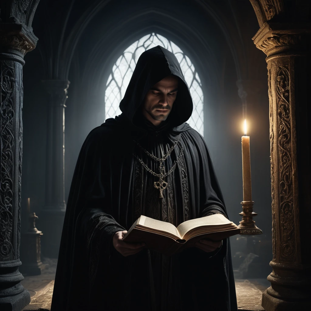 a shadow man dressed in a black cloak, reading an ancient tome, dramatic lighting, gothic fantasy, dramatic cinematic lighting, moody atmosphere, intricate intricate details, hyperrealistic, 8k, highly detailed, photorealistic