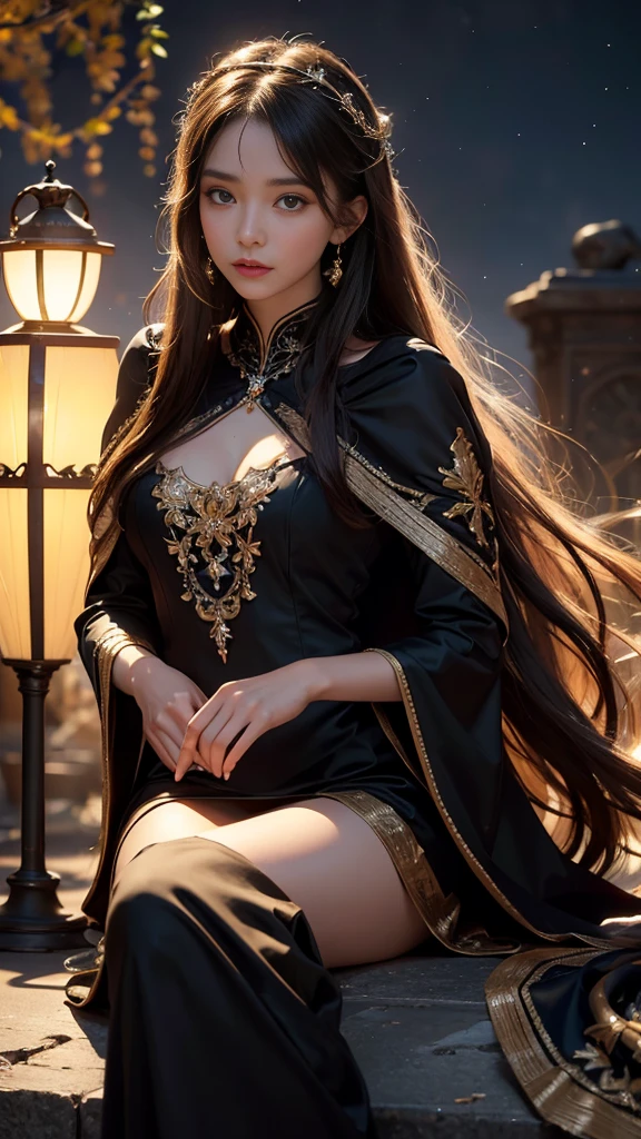 8K ultra hd, masterpiece,1 girl, ((realistic face)), detailed eyes, ((very long hair)), flowing hair, small breasts, royal dress, decorated dress, black dress, anitque jwellery, detailed lacing, flowing cape, bare navel, moon light, amazing night outdoor, spot lights, glowing lights, depth of field, ray tracing, bloom, realistic shadow, tyndal effect, spreding, lights, looking at the audience, attractive pose, sitting,