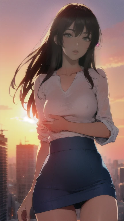 anime、(((Tokyo at sunset)))、One Woman、Long Hair、See-through blouse、Tight Skirt、Hair fluttering in the wind、