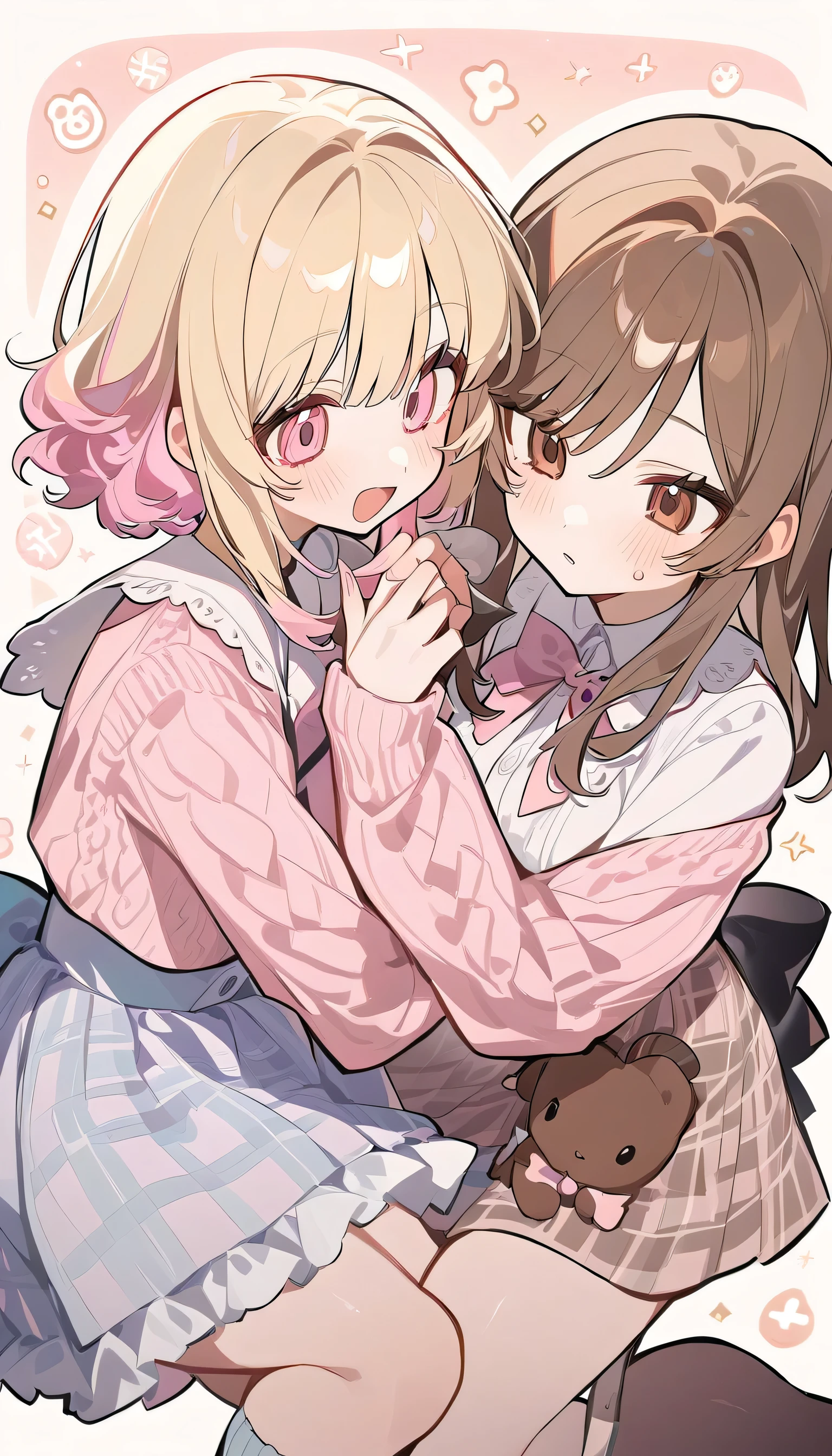 Popular Girl, Blonde, Pastel pink color. And a cunning girl with long brown hair.
